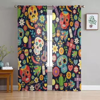 Dia De Los Muertos Skull Sheer Curtains for Living Room Transparent Tulle Window Curtain Bedroom Kitchen Home Decor Veil Drapes 135W x 114H(cm)