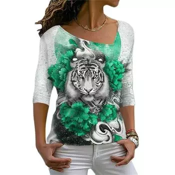 Diagonal Collar Versatile Daily Anime Cartoon Digital Print Funny Fashion Women T-shirt Casual Long Sleeve Ladies Comfortable M