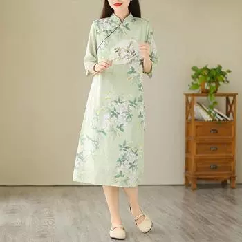 диагональный воротник-стойка платье из рами 2025 лето новый принт улучшенное платье ципао женщины M