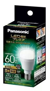 Диаметр основания светодиодного светильника Panasonic Premier эквивалентен 60 Вт. Дневной белый эквивалент. Малый всенаправленный светильник 1. Совместим с герметичным