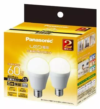 Диаметр основания светодиодной лампы Panasonic, эквивалентный 60 Вт, эквивалент теплого белого света, общее освещение, широкое распределение света, комплект изоляционного материала