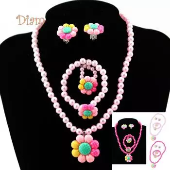 Diamin Flower Искусственный жемчуг Детские серьги для девочек Браслет Ожерелье Кольцо Комплект ювелирных изделий Брелок розовый