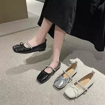 Diamond belt inner height increase 2024 new~ small round head satin bow one-word diamond belt shallow mouth ballet shoes 35 чёрный