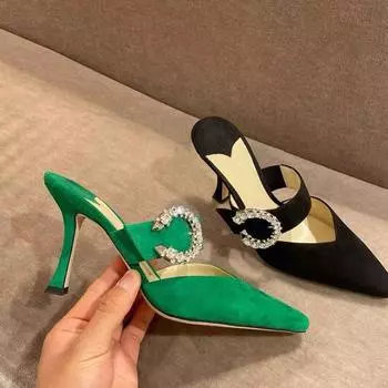 Diamond Buckle Mules 2024 Summer New French Toe Sandals Rhinestone Pointed Toe Stiletto Heels 34 зелёный