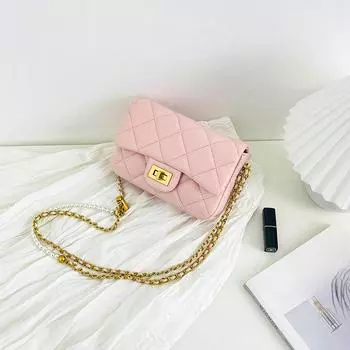 Diamond Check Embroidered Thread Small Bag Female Sweet Summer Chain Crossbody Bag Foreign Style All Shoulder Small Square Bag розовый