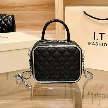 Diamond Check Embroidered Thread Women s Bag Spring and Summer Simple Box Makeup Bag Single Shoulder Crossbody Chain Small Square Bag чёрный