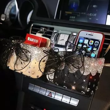 Diamond Crystal Portable Car Storage Box Bag Mink Fur Auto Vent Mount Holder Cosmetics Case Universal Mobile Phone Bag чёрный
