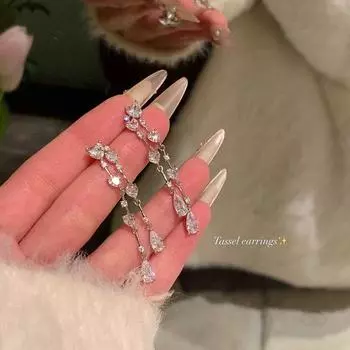 Diamond Heart Sparking Zirconium Water Drop Tassel Earrings for Women Light Luxury Minority Fancy Earrings Ear Studs Non-Piercing Ear Clip