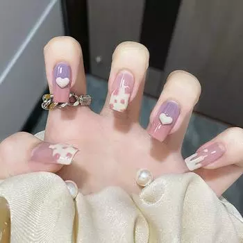 Diamond Love Wearing Nail Постепенное изменение смазывание Короткий балетный узор коровы Нейл-арт Часть Готовый съемный ноготь Часть