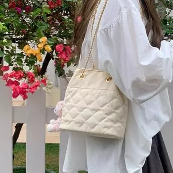 Diamond Plaid Chain Bag Longxin Same Style Cotton Cream Bundle Bag Small Bucket Bag Shoulder Bag
