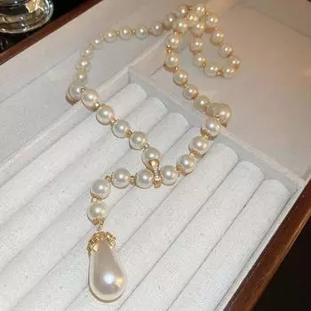 Diamond Water Drop Pearl Beaded Necklace Autumn and Winter French Light Luxury Sweater Chain Fashionable Versatile High-end Jewelry