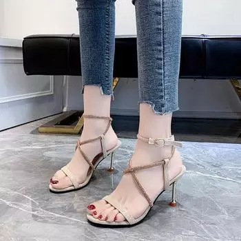 Diamond Women s Open Toe Thin Sandals One Strap Roman Buckle Black Women s Botas De Mujer 34 чёрный