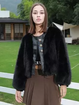 Женское пальто из искусственного лисьего меха на осень и зиму, модное и элегантное пальто высокого качества M чёрный
