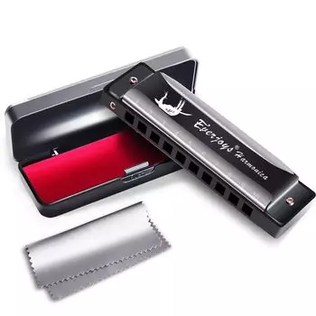 Диатоническая губная гармошка EVERJOYS с 10 отверстиями, блюзовая гармоника, инструкция по полировке, тональность C, чехол, ткань, руководство пользователя, чёрный