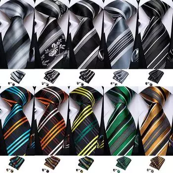 DiBanGu мужские свадебные галстуки серые, черные полосатые шелковые галстуки для мужчин, комплект запонок для деловой вечеринки, Gravatas 7636