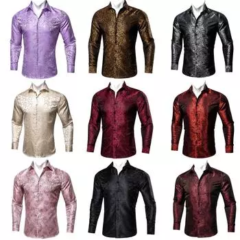 Dibangu Шелковые мужские рубашки с длинным рукавом Slim Fit Рубашка для мужчин Фиолетовая блузка с пейсли Верхняя одежда S синий