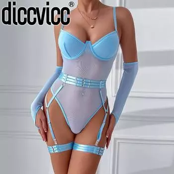 Diccvicc Bodysuit Women Ультратонкий сетчатый прозрачный сексуальный топ с подвязками для чулок, боди с перчатками, интимный наряд, костюм Sissy S