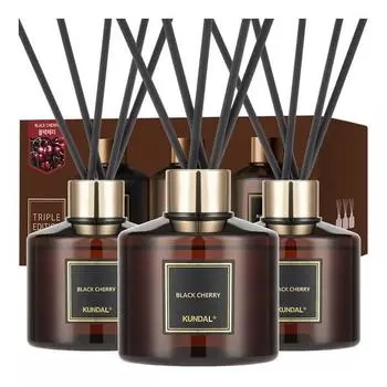 Диффузор для духов Kundal 200 мл 3 шт. + 15 палочек из волокна, черная вишня, 3 шт., корейский автомобильный аксессуар