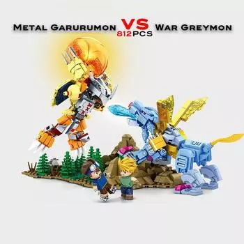 Digimon Monsters Battle Scene Cartoon Building Blocks Skull War Greymon Metal Garurumon Модель Brick Toy для детей и взрослых для подарков