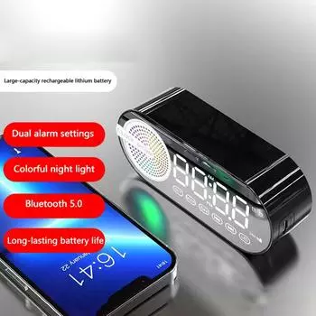 Digital Alarm Clock Bluetooth 5.0 Speaker Led Display Mirror Desk Alarm Clock With Fm Radio Support Tf Card Play Hands-Free Call чёрный