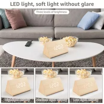 Digital Alarm Clocks LED Triangle Alarm Clocks Voice Control Electric Wooden Clock Portable Wooden Alarm Clock Battery and USB