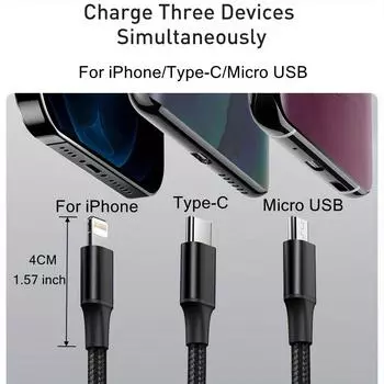 Digital Cables 3 In 1 USB Charging Cable for iPhone/Type-C/Micro USB Charger Cable For iPhone Charger Cable for Samsung, Redmi, Xiaomi Mobile Phones 1.2m/3.9ft/47inch синий