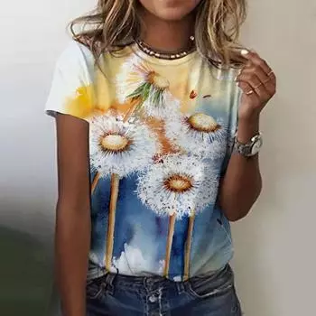Digital Floral Multi-color Gradient 3D Short Sleeved Women s Round Neck T-shirt Trendy Top S