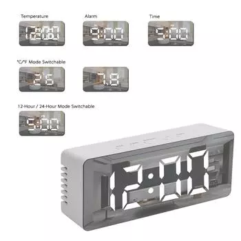 Digital LED Display Desktop Clock Thermometer Mirror Clock with Snooze Function USB & Battery Operated Desk Table Alarm Clocks