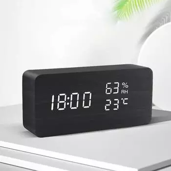 Digital LED Wooden Alarm Clock, Desk Clock, Voice Activated, Electronic Desktop Clock, Luminous Silent Alarm Clock чёрный