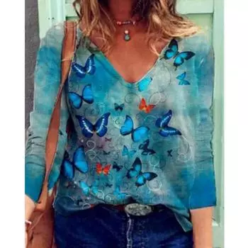 Digital printed long sleeved V-neck T-shirt for women, beautiful and charming, becoming a leader in the fashion industry S