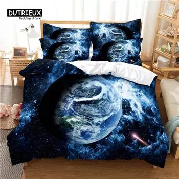 Digital Printing Earth Bedding Set, Starry Earth Duvet Cover, 3D Bedding, Linen, Queen Size, Fashion Design EU single(135x200cm)
