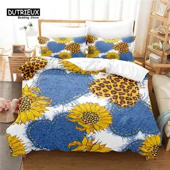 Digital Printing Sunflower Bedding Set, Duvet Cover Set, Linen, Queen Size, Fashion Design 150x200cm 3pcs