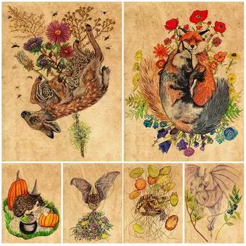 Дикая природа и цветы растения винтажная природа настенная живопись холст картина ворона, олень, летучая мышь, черепаха криптозоология плакат с принтом украшение (с рамкой) 15*20cm(with frame)