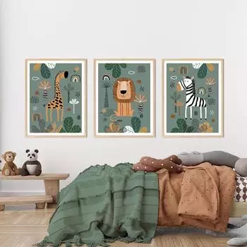 Дикая природа Лев Жираф Зебра Зеленый Плакат с джунглями Холст Картина Детский сад Настенный художественный принт Скандинавский 21cm30cm NoFrame