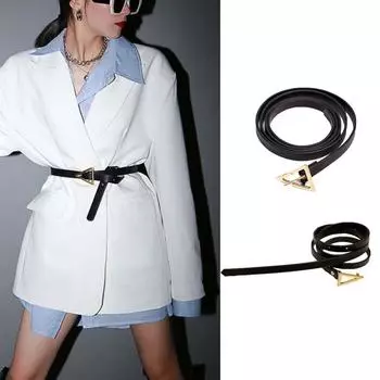 Дикий повседневный черный тонкий женский поясной ремень с золотой треугольной пряжкой из искусственной кожи S чёрный