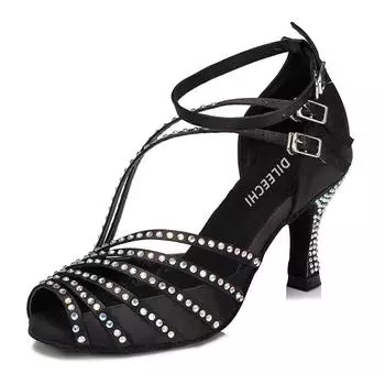 DILEECHI/туфли для латинских танцев с черными пятнами и стразами, женская обувь для танцев на мягкой подошве, вечерние туфли на квадратном каблуке, каблук 75 мм 35 чёрный