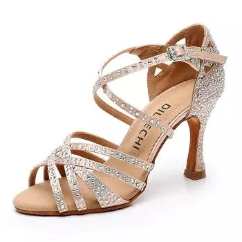 DILEECHI Женская обувь для латинских танцев Обувь для бальных танцев Туфли для вечеринок танго Шелковый атлас Блестящие большие маленькие туфли для сальсы со стразами Кубинский каблук 9 см 36