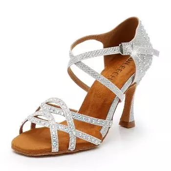 DILEECHI женская обувь для латинских танцев со стразами для сальсы, серебряная ткань с блестками, обувь для бальных танцев, сандалии, обувь для вечеринок