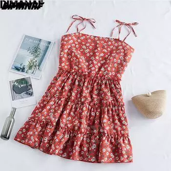 DIMANAF 2020 новое женское пляжное платье большого размера, летний сарафан, праздничный сексуальный женский свободный плиссированный костюм на бретельках с цветочным принтом