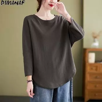 DIMANAF 2021 футболка, женская осенняя футболка в стиле «летучая мышь», топы с длинными рукавами, хлопковая зимняя корейская свободная одежда, белый топ, однотонные футболки с круглым вырезом One Size чёрный