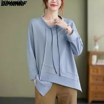 DIMANAF 2021 футболка женская осенняя водолазка с длинным рукавом хлопковые толстовки корейская свободная одежда белый топ с круглым вырезом однотонные футболки One Size синий