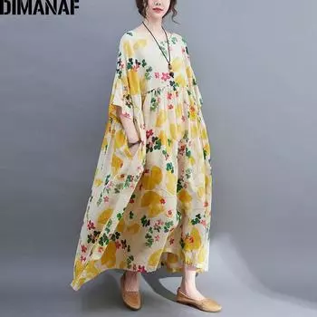 DIMANAF 2021, летнее платье больших размеров, сарафан, пляжное женское платье с цветочным принтом, модное женское длинное платье, повседневное хлопковое платье оверсайз