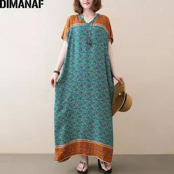 DIMANAF 2021, летнее платье больших размеров, женское платье, сарафан, пляжное богемное длинное платье макси с цветочным принтом, хлопковое повседневное свободное платье