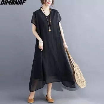 DIMANAF 2021, летнее платье больших размеров, женский сарафан, пляжный однотонный лен, базовые свободные винтажные повседневные женские элегантные новые большие платья M белый