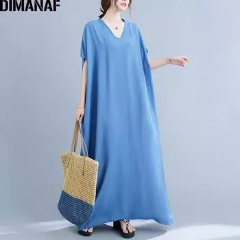 DIMANAF 2021 летнее платье больших размеров Сарафан богемное однотонное длинное платье макси пляжное женское базовое женское платье повседневное оверсайз 5XL 6XL One Size синий