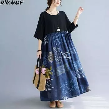 DIMANAF 2021 летнее платье больших размеров женское винтажное платье больших размеров 5XL 6XL длинное льняное повседневное стильное платье с цветочным принтом