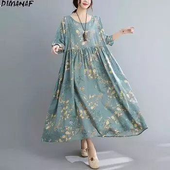 DIMANAF 2021, летнее платье больших размеров, женское платье, элегантный сарафан, пляжный стиль с цветами, длинное льняное платье свободного размера, большие размеры