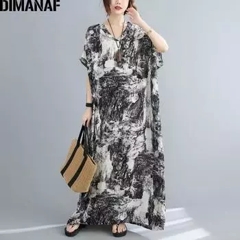 DIMANAF 2021, летнее платье больших размеров, женское платье, сарафан, пляжное длинное платье макси с богемным принтом, хлопковое повседневное свободное платье 5XL, 6XL, 7XL One Size серый