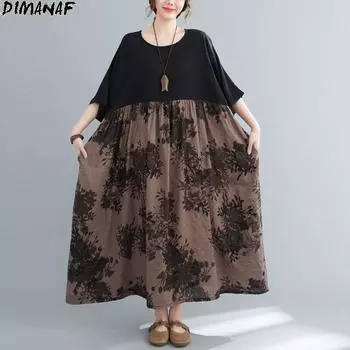 DIMANAF 2021 летнее платье больших размеров женское винтажное женское лоскутное длинное платье оверсайз хлопковое повседневное черное с цветочным принтом