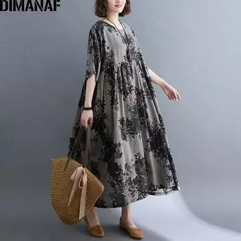DIMANAF 2021, летнее платье больших размеров, женское платье, винтажный сарафан, пляжное праздничное длинное платье с принтом, свободное хлопковое платье больших размеров 4XL 5XL
